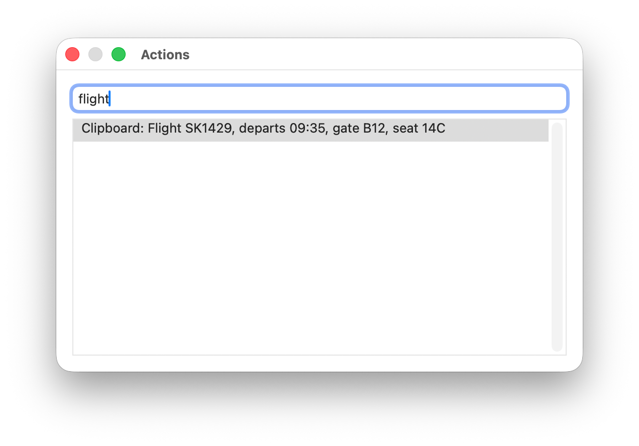 The WhimPop Actions search dialog