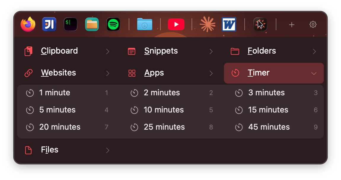 The WhimPop timer with the countdown in the menu bar