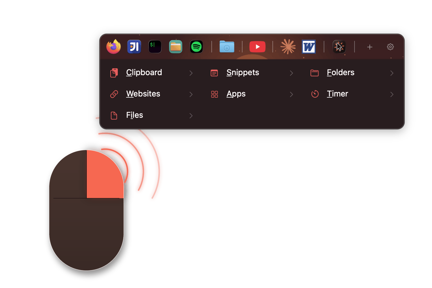 Illustration: a hand holds down the right mouse button and the WhimPop panel opens at the cursor