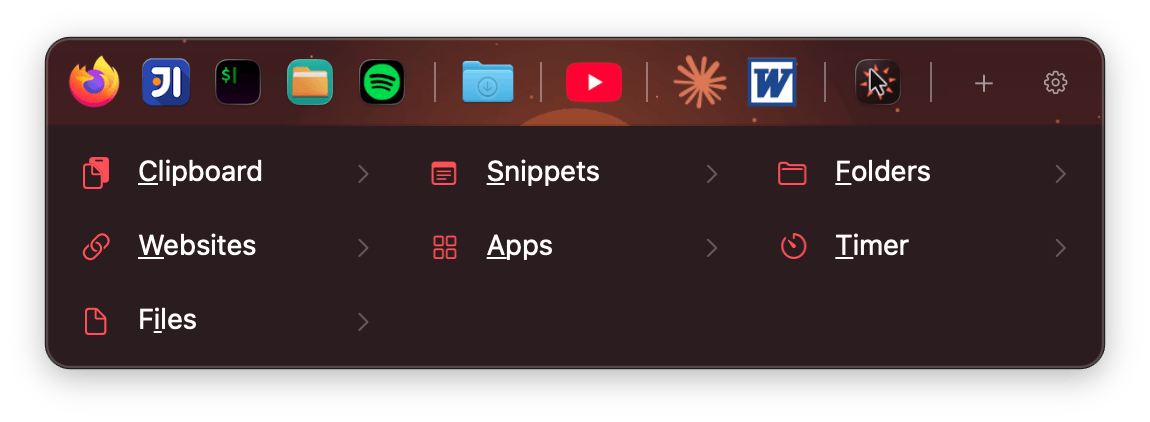 The WhimPop panel: a horizontal favorites rail of app icons on a warm rust gradient, above a dark panel with coral section icons for Clipboard, Snippets, Websites, Folders, and Apps